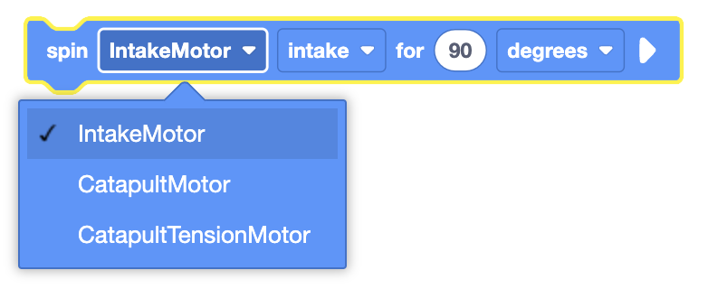 Diagrama que ilustra el giro VR de VEXcode para el bloque utilizado para controlar el movimiento del motor en la programación robótica.