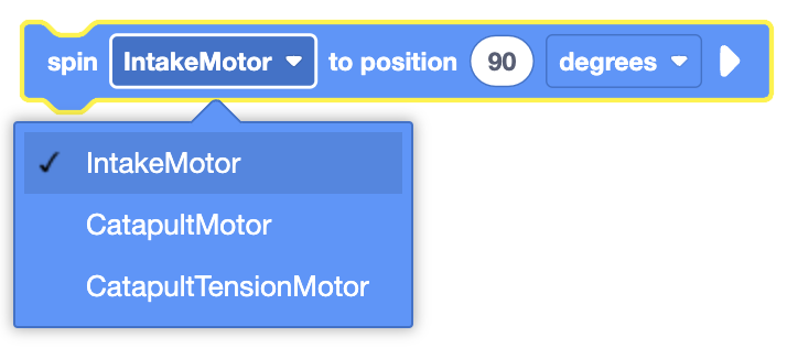 Diagrama del bloque VEXcode VR Spin to Position para el control de motores en programación robótica.