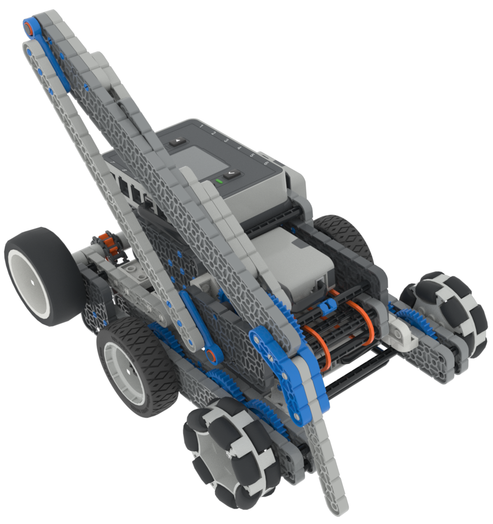 The VEXcode VR Robot window showing the Snapshot Robot. It shows the robot collecting Discs and using an arm to interact with dispensers and field elements.