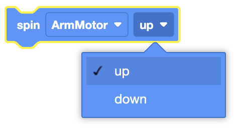 The image shows a coding block from a visual programming interface, where the user is selecting the direction for a "spin" command. The selected motor is "ArmMotor," and the direction is set to "up," with an option to switch to "down" in the dropdown menu.