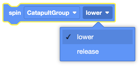 The image shows a block labeled "spin," with "CatapultGroup" selected as the motor or group of motors to control. The action selected is "lower," with an alternative option of "release" visible in the dropdown. This setup likely configures the CatapultGroup to perform a lowering action, and the dropdown allows the user to choose between lowering and releasing the catapult mechanism.