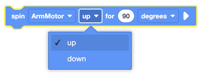 The image shows a visual coding block that is used to control a motor. In this block, the "ArmMotor" is selected, and the direction is set to "up" from a dropdown menu. The block specifies that the motor will spin "up" for "90 degrees." The dropdown menu is visible, offering the option to select "down" instead of "up."
