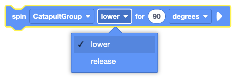The image shows a coding block that is used to control a "CatapultGroup" motor. The block is set to "spin" the motor, with a dropdown menu allowing the user to select the action, either "lower" or "release," with "lower" being selected. The motor is programmed to spin in the chosen direction for a duration of 90 degrees.