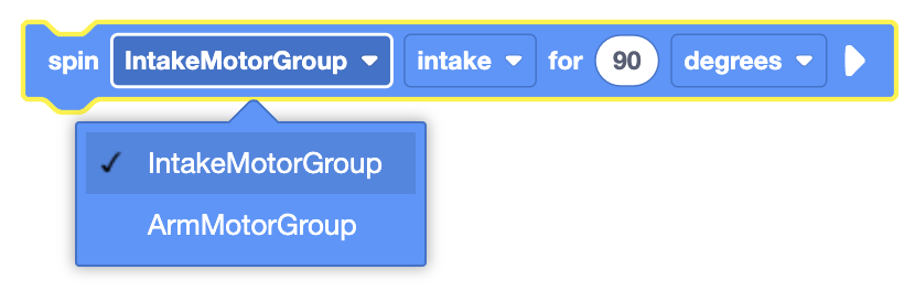Diagram illustrating the Spin for block in VEXcode VR for motor control in robotics programming.