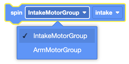 Diagram of a spin motor block used in VEXcode VR for controlling motor movements in robotics.