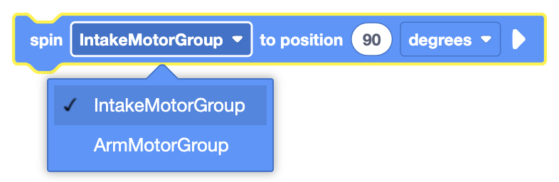 Diagram of the Spin to Position motor block for VEXcode VR, illustrating motor control parameters and functions.