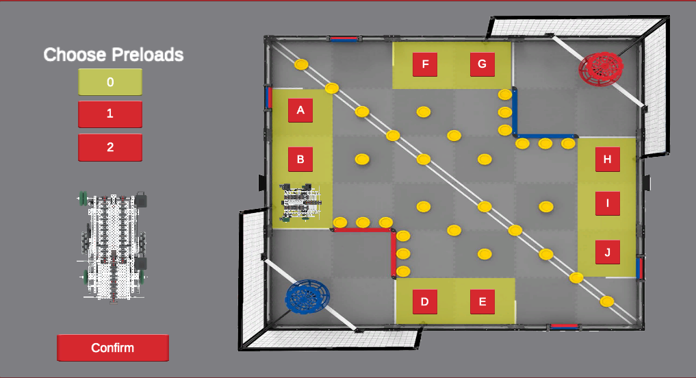 V5RC Virtual Skills - Lista de verificación previa al partido Spin Up Playground con posiciones de inicio del robot y opciones de precarga de disco.
