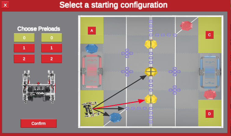 V5RC Virtual Skills - Diseño del campo de juegos Tipping Point con configuraciones iniciales para la colocación del robot.