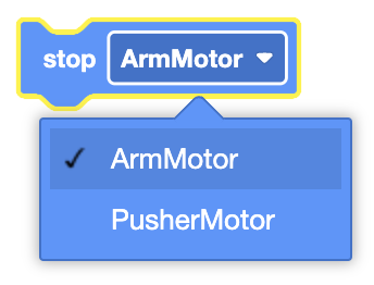 La imagen muestra un bloque de codificación donde el usuario puede seleccionar entre "ArmMotor" y "PusherMotor" para detener el motor seleccionado. 