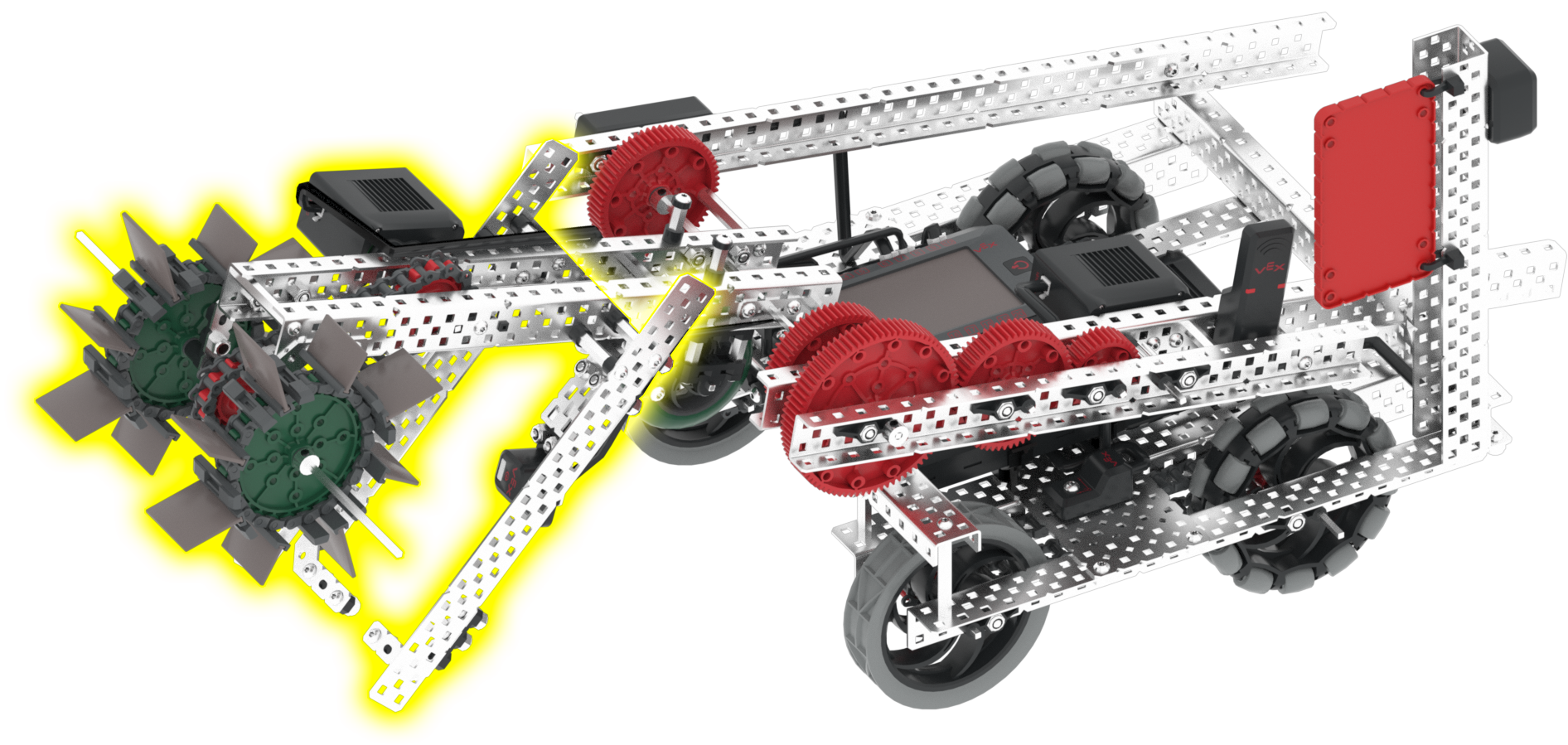 Imagen del motor de admisión del Striker VEX V5 Hero Bot, que muestra su diseño y funcionalidad para recolectar objetos del juego.
