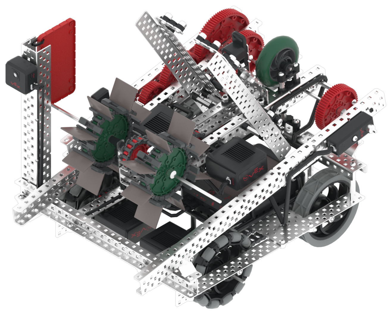 The VEXcode VR Robot window showing the Striker Robot. It shows the robot moving Triballs with an arm and intake in a GPS-enabled field.
