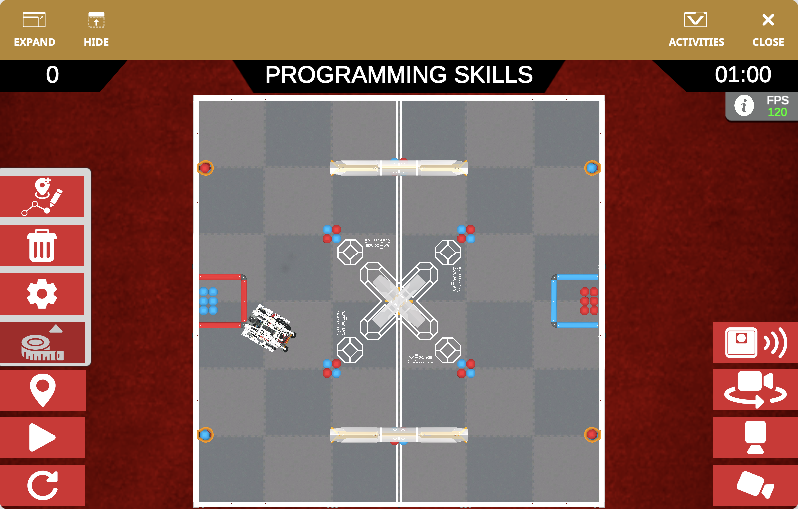 The VEXcode VR Playground window showing the V5RC 25-26 Push Back Playground. It shows the Dex Robot pushing red and blue Blocks into goals in the V5RC 25-26 Virtual Skills field.