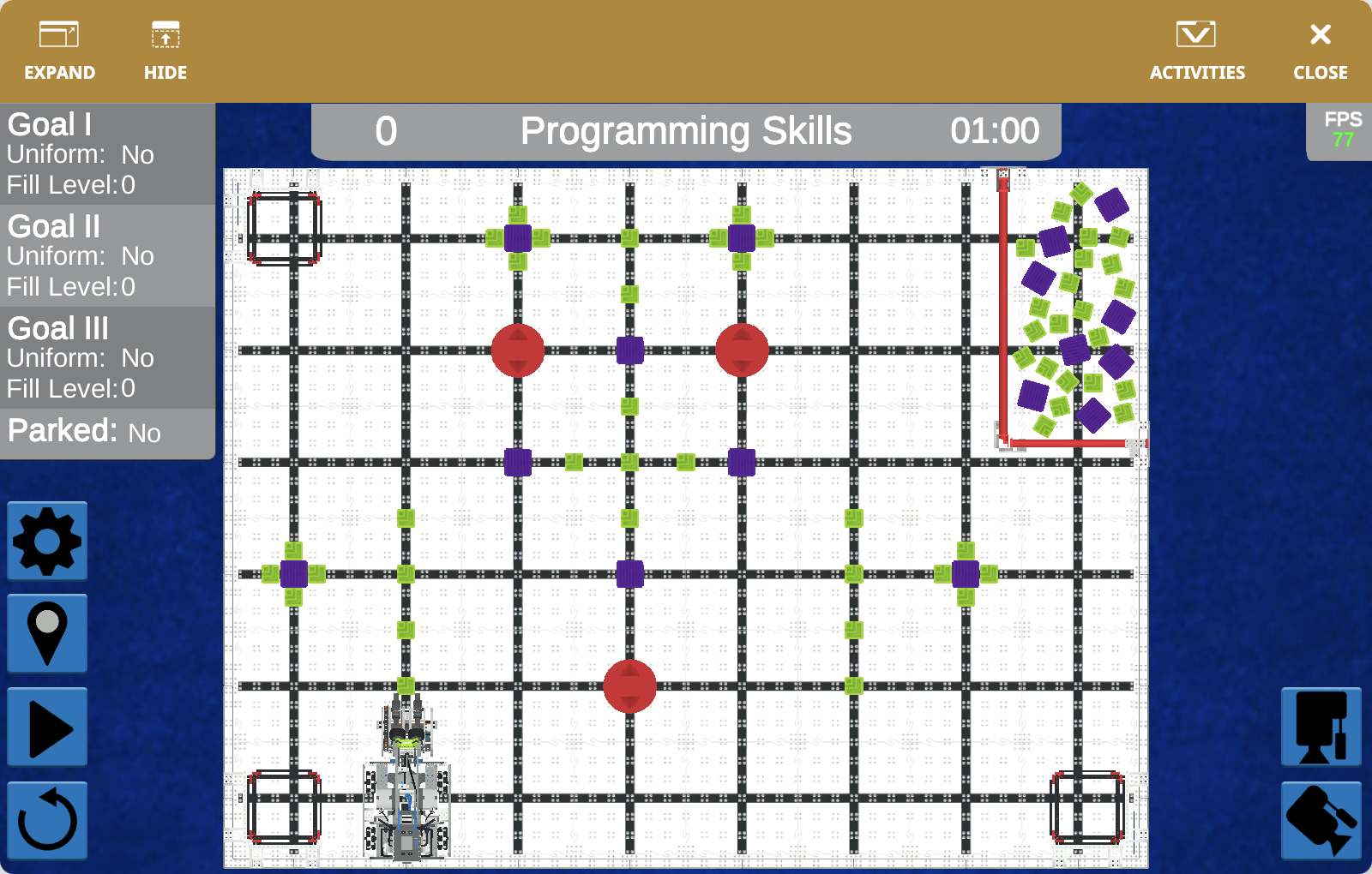 The VEXcode VR Playground window showing the VIQRC 23-24 Full Volume Playground. It shows the Byte Robot moving Blocks into goals in the VIQRC 23-24 Virtual Skills field.