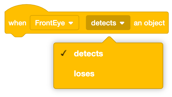 Diagrama que ilustra el bloque Sensor Ocular en VEXcode VR, mostrando acciones activadas por la detección de objetos.