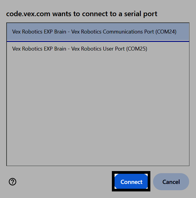 Screenshot of the serial port dialog on Windows, with the Communications Port selected and the Connect button highlighted.