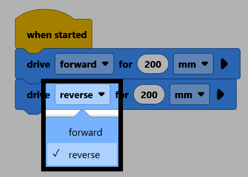 Screenshot of the second drive for block's direction dropdown open, showing forward and reverse options, with reverse selected.