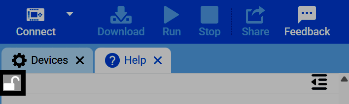 Screenshot of the Help tab with the lock icon highlighted, above the print on console block's Help entry.