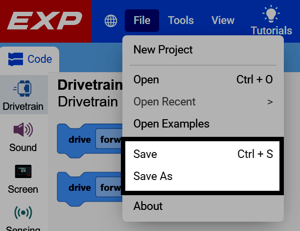 Screenshot of the File menu open, with the Save and Save As options highlighted.