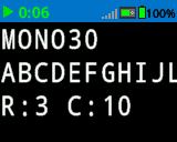 The Brain's screen printed numbers and letters with size MONO 30 font. It shows A through J. On the bottom of the screen, it says R:3 C:10.