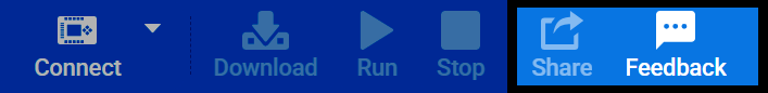 Screenshot of the VEXcode EXP toolbar, with the Share and Feedback buttons highlighted.
