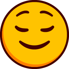 Suljettu suu virnistelee emojilla, suljetuilla rauhallisilla silmillä ja kohotetuilla kulmakarvoilla.