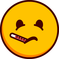 Emoji, jolla on turvonneet silmät ja lämpömittari törröttää suljetusta suustaan.
