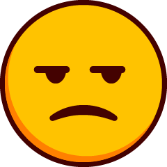 Hieman kulmat kurtussa oleva emoji, jonka puoliavoimet, irvistävät silmät katsovat oikealle.
