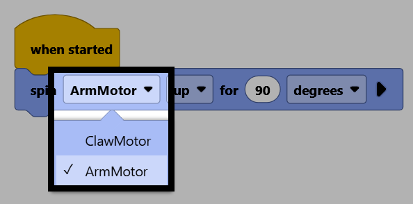 Kuvakaappaus lohkon pyöritysmoottorin alasvetovalikosta, jossa näkyvät ClawMotor- ja ArmMotor-vaihtoehdot ja ArmMotor valittuna.