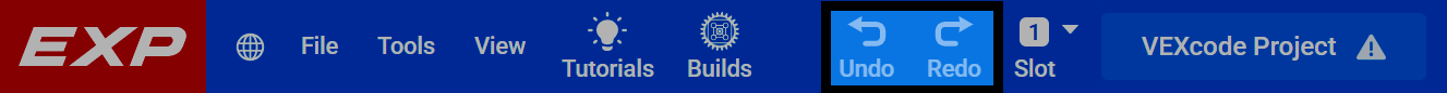 Capture d'écran de la barre d'outils VEXcode EXP, avec les boutons Annuler et Rétablir mis en évidence.