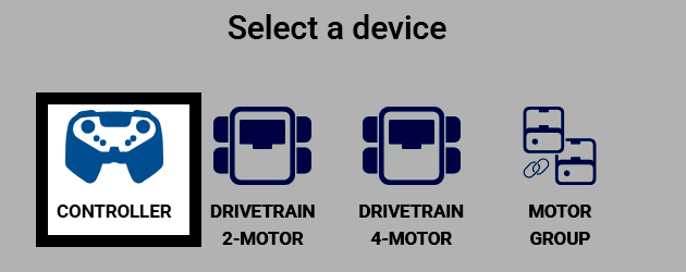 Capture d'écran de l'écran « Sélectionner un périphérique », avec la manette mise en surbrillance.