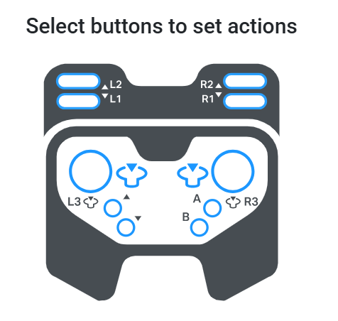 Scáileán den scáileán Roghnaigh cnaipí chun gníomhartha a shocrú, ina bhfuil cnaipí agus luamháin stiúrtha an Rialaitheora le feiceáil gan aon ghníomhartha sannta fós.