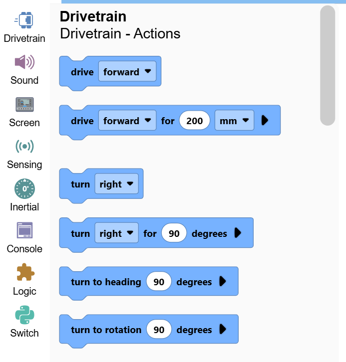 Scáileán den fhuinneog VEXcode IQ (2ú glúin), agus an bosca uirlisí aibhsithe, ag taispeáint bloic na catagóire Drivetrain.