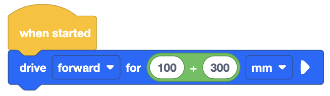 A visual programming block sequence starting with a yellow 'when started' block. Attached to it is a blue 'drive forward for' block. Inside the block, the distance is specified by a green, rounded addition block, which contains two input fields with the values '100' and '300', separated by a plus sign ('+'). The unit of measurement is set to 'mm', indicating the robot will drive forward for the sum of these two distances, which is 400 mm.