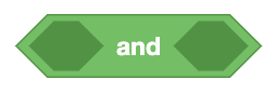 A green, diamond-shaped block from a visual programming interface labeled 'and.' The block has two open hexagonal slots on either side where additional blocks can be inserted. This block is used to represent a logical 'and' operation, combining two conditions.