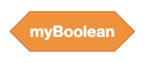 An orange hexagonal coding block labeled 'myBoolean' in the center.