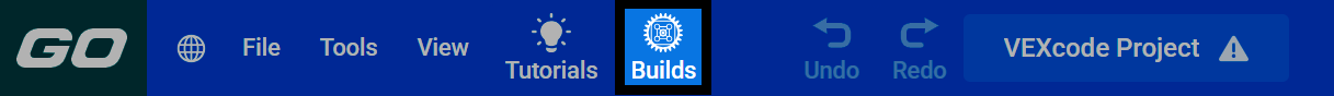 Screenshot of the VEXcode GO toolbar, with the Builds button highlighted.