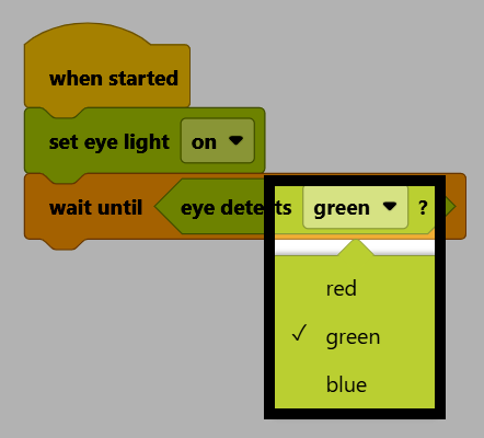 Screenshot of the project, with the eye detects color block's dropdown open, showing red, green, and blue options, and green selected.