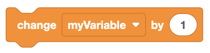 An orange notched coding block with the text 'change myVariable by 1' and a dropdown menu for selecting a variable.