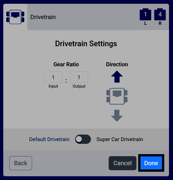 Screenshot of the Drivetrain Settings screen, with the Done button highlighted.