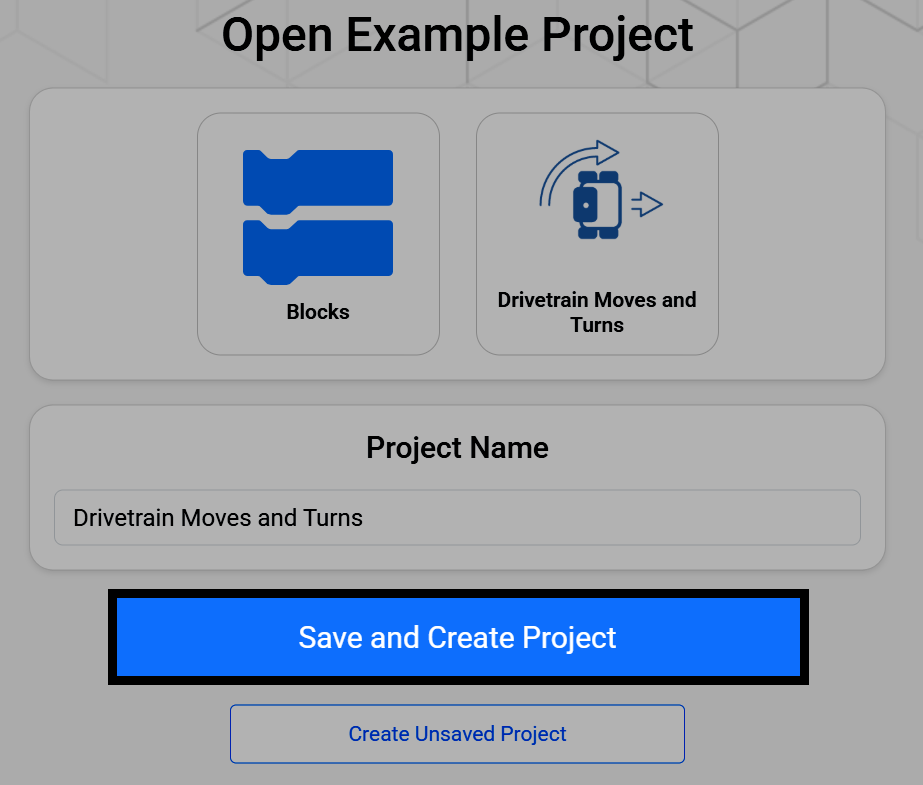 Screenshot of the Open Example Project screen, with the Project Name field and the Save and Create Project button highlighted.