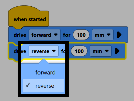 Screenshot of the second drive for block's direction dropdown open, with reverse highlighted.