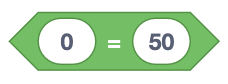 A green, diamond-shaped block from a visual programming interface featuring two input fields with the values '0' and '50,' separated by an equal sign ('='). This block represents a comparison operation where the first value, 0, is checked to see if it is equal to the second value, 50.