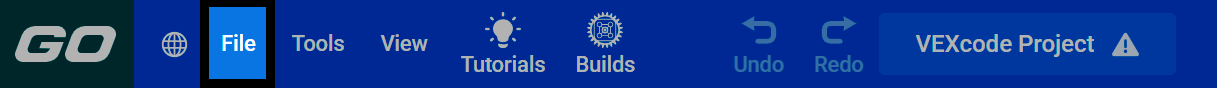 Screenshot of the VEXcode GO toolbar, with the File menu highlighted.