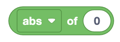 A green, rounded block from a visual coding interface with a dropdown menu labeled 'abs' followed by the word 'of' and an input field containing the number '0.' This block is used to calculate the absolute value of the number entered in the input field.