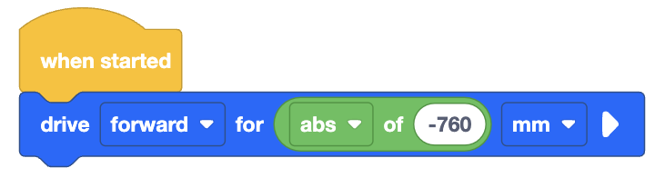 A visual coding block sequence starting with a yellow 'when started' block. Attached to it is a blue 'drive forward for' block. Inside the block, the distance is specified by a green, rounded block with a dropdown menu set to 'abs' (absolute value), followed by 'of' and an input field containing the value '-760.' The unit of measurement is set to 'mm,' indicating the robot will drive forward for the absolute value of -760 mm, which is 760 mm.