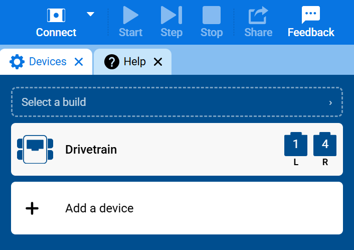 Screenshot of the Devices tab, showing Drivetrain in the list of devices with its left and right motor ports.