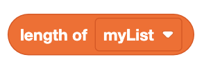A rounded coding block displaying 'length of myList' in orange.