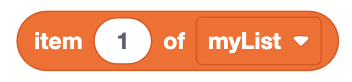 A rounded coding block with the text 'item 1 of myList,' where '1' is in a white bubble and 'myList' is in a dropdown menu, indicating the selection of an item from a list.