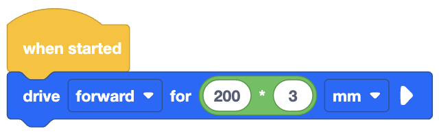 A visual programming block sequence starting with a yellow 'when started' block. Attached to it is a blue 'drive forward for' block. Inside the block, the distance is specified by a green, rounded multiplication block, which contains two input fields with the values '200' and '3', separated by an asterisk ('*'). The unit of measurement is set to 'mm', indicating the robot will drive forward for the result of this multiplication, which is 600 mm.