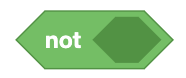 A green, diamond-shaped block from a visual coding interface labeled 'not.' The block has one open hexagonal slot on the right side where an additional block can be inserted. This block is used to represent a logical 'not' operation, which inverts the condition that is placed inside it.